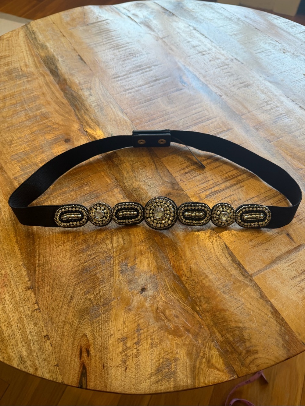 Express Black Elastic Belt with Silver Beaded Medallions